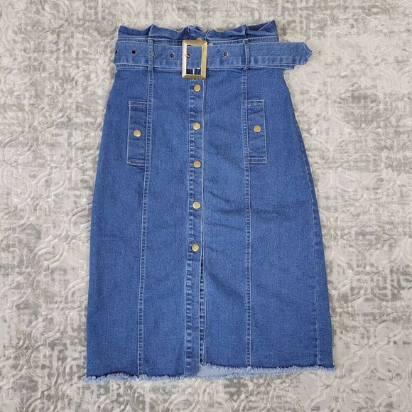 Machine Jeans Skirt Womens Medium Blue Denim Belted Snap Front Long Length - Picture 1 of 8